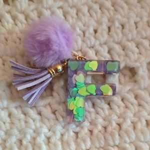 Purple and Gold Initial Keychain with Pom Pom